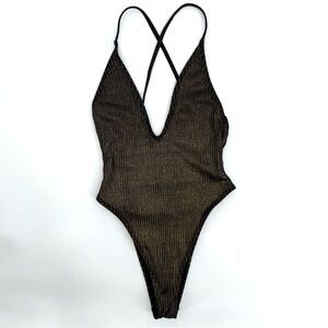 Black & Gold Shimmer Ribbed Cross-Back Open Back Swim Bodysuit One Piece, XS,